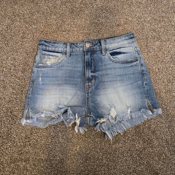 Women's KanCan Ultra High Rise Acid Wash Raw Hem Distressed Tight Mini Shorts - Picture 1 of 7